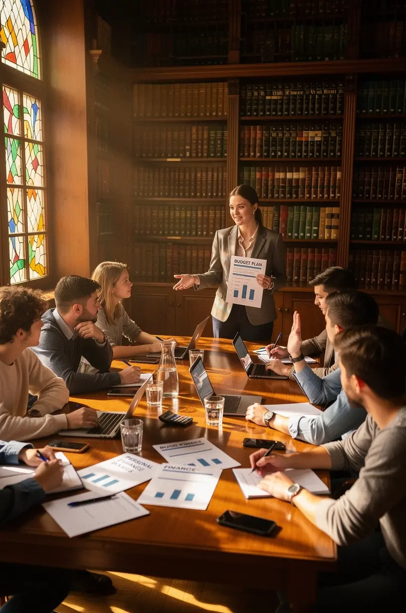 Pénzügyi tanácsadó magyarázza a költségvetés készítésének alapjait ügyfelének modern irodai környezetben.